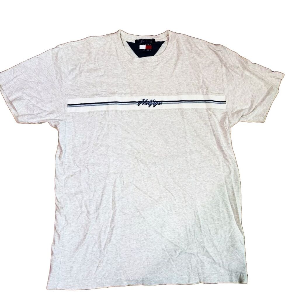 Y2K Tommy Hilfiger Spell Out Shirt Heather Gray Embroidered Vintage Mens Medium